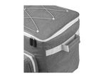 Close-up of a grey cooler backpack with white elastic cords, zippers, and side pocket.