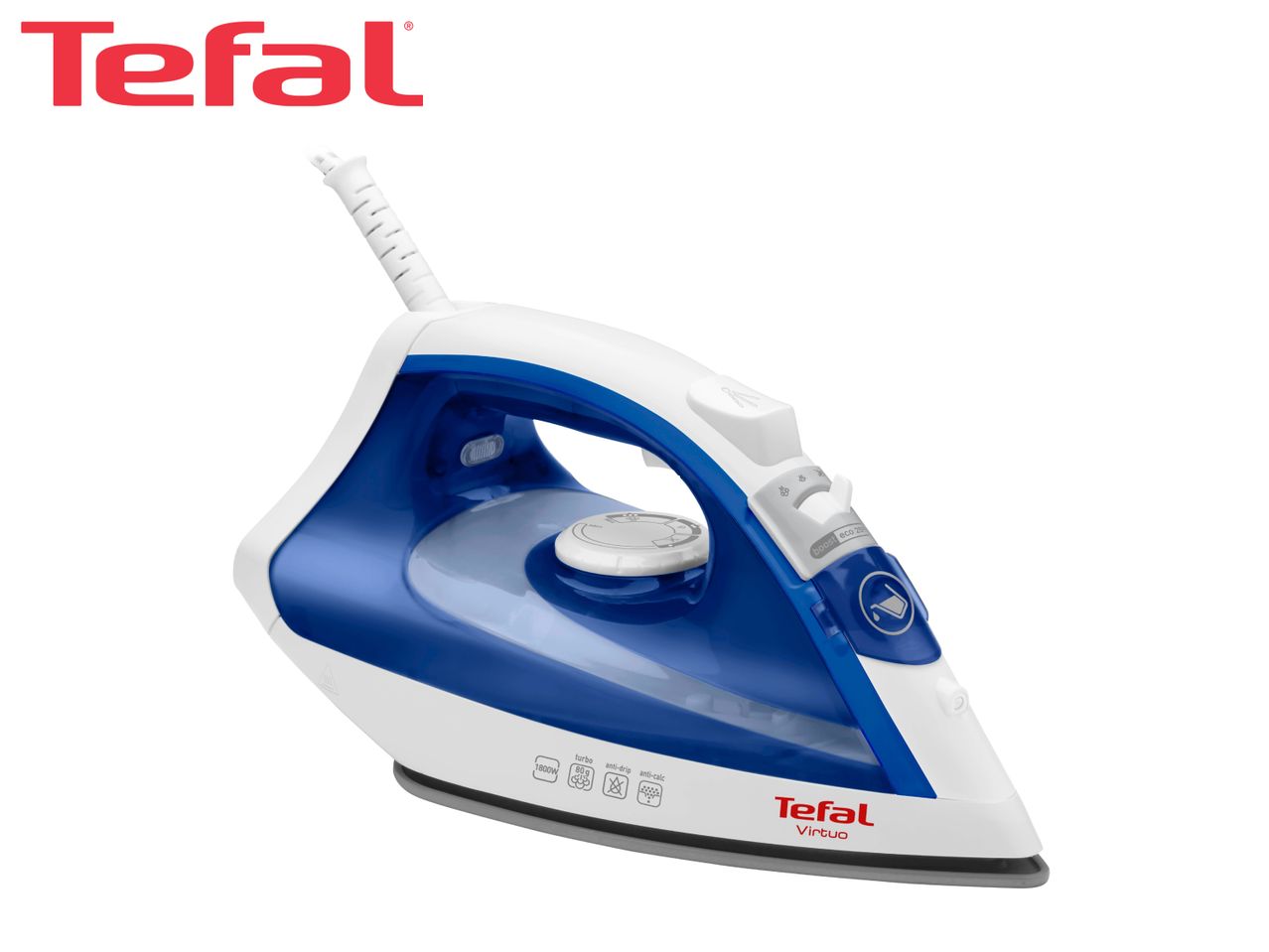 White and blue steam iron with 1800W power, turbo steam, anti-drip, and anti-calc features.