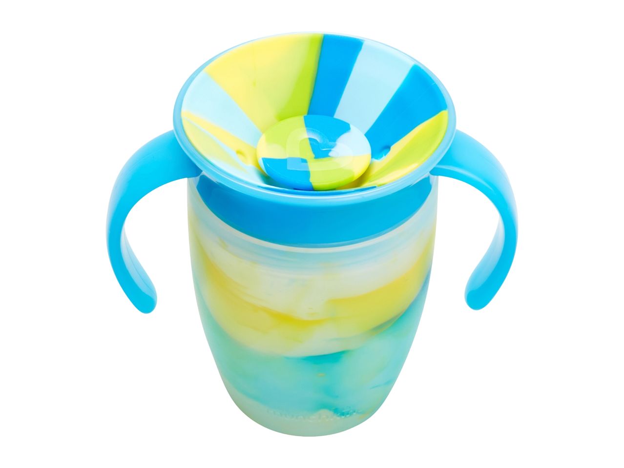Blue and yellow sippy cup with handles and a spill-proof lid.