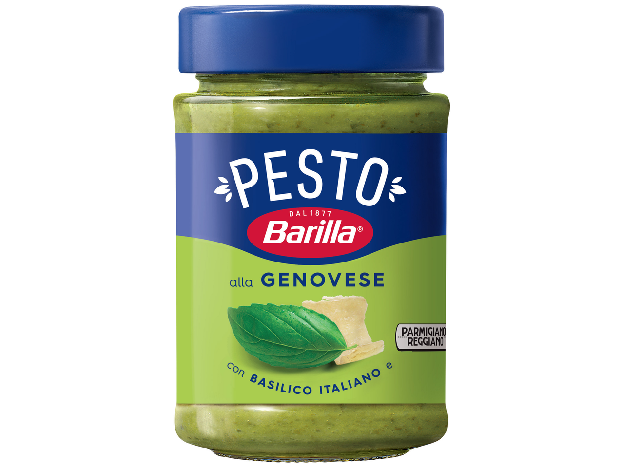 Frasco de pesto genovês com manjericão e queijo parmesão.