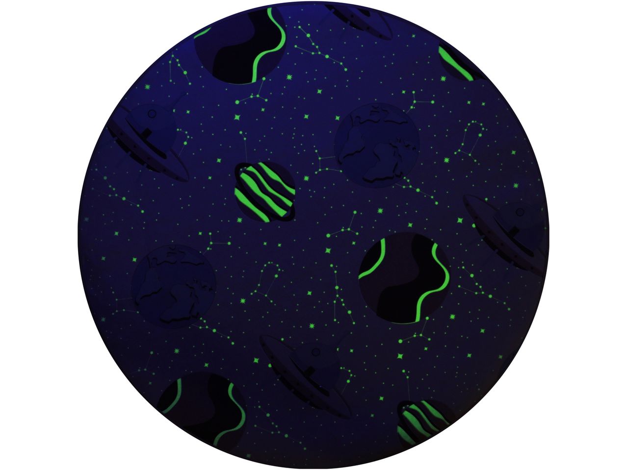 Tappeto per bambini con decorazione globo luminoso con pianeti, stelle e UFO, perfetto per decorare una cameretta.