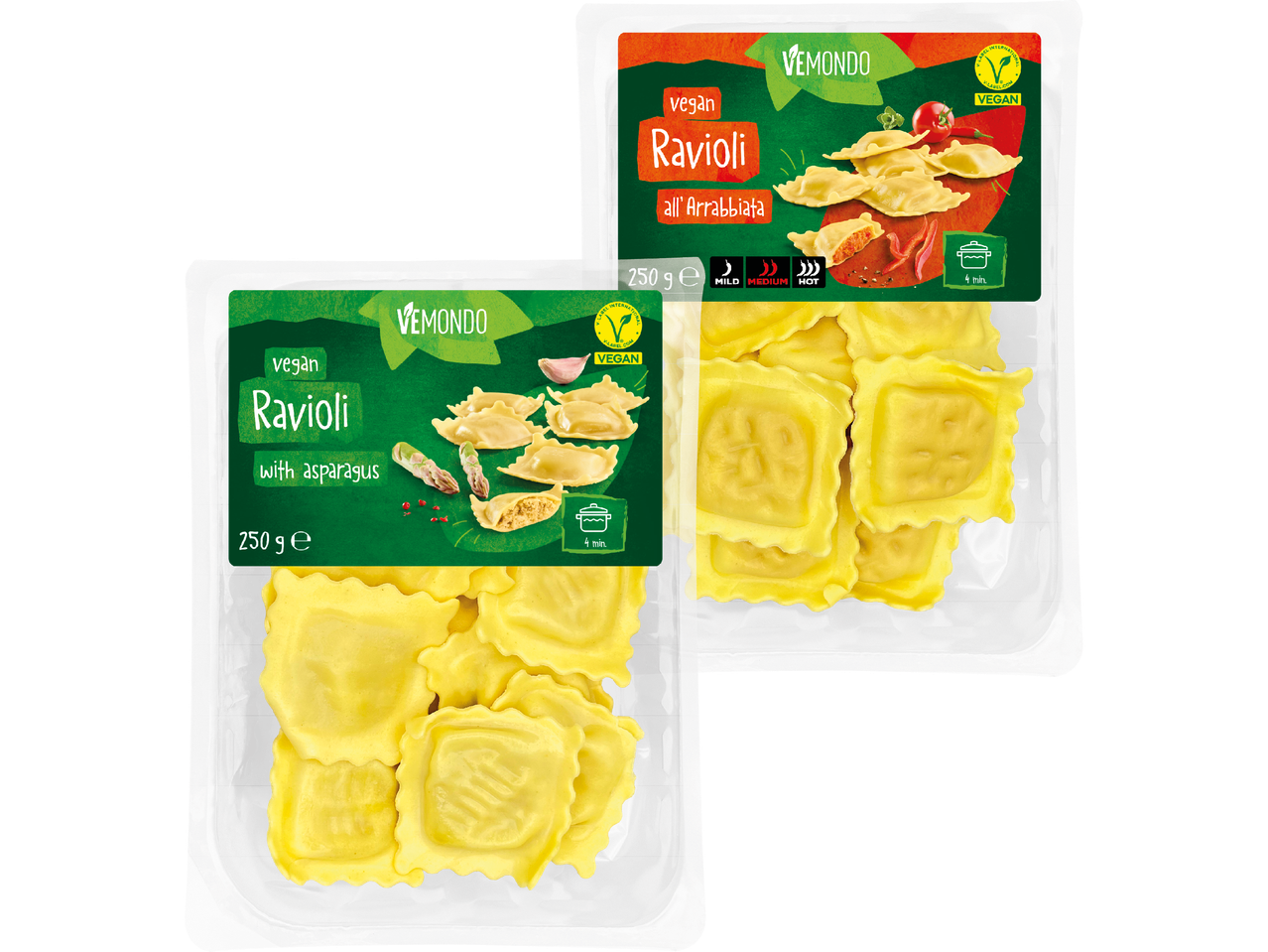Veganska VEMONDO ravioli med sparris och Arrabbiata.