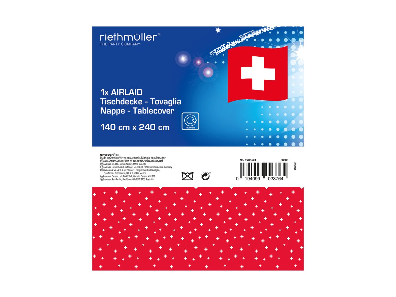 Rote, gemusterte Papierverpackung mit Schweizer Kreuz.