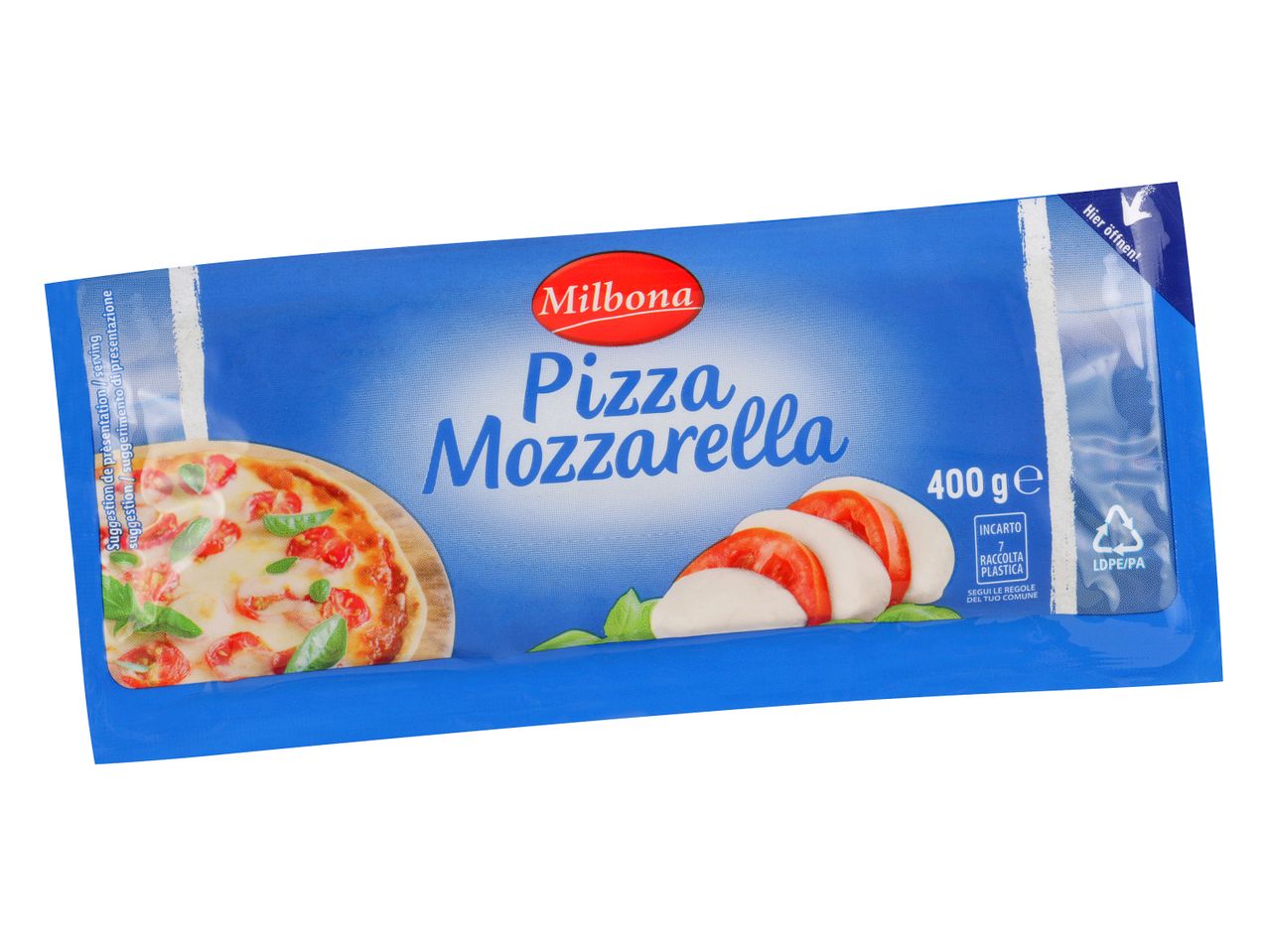 Milbona Pizza Mozzarella v modri embalaži s sliko pice in rezinami mocarele.