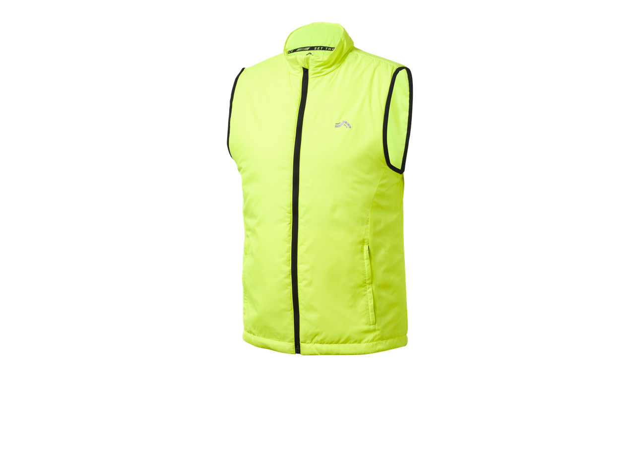 CRIVIT meeste neoonkollane vest musta tõmbluku ja äärisega.