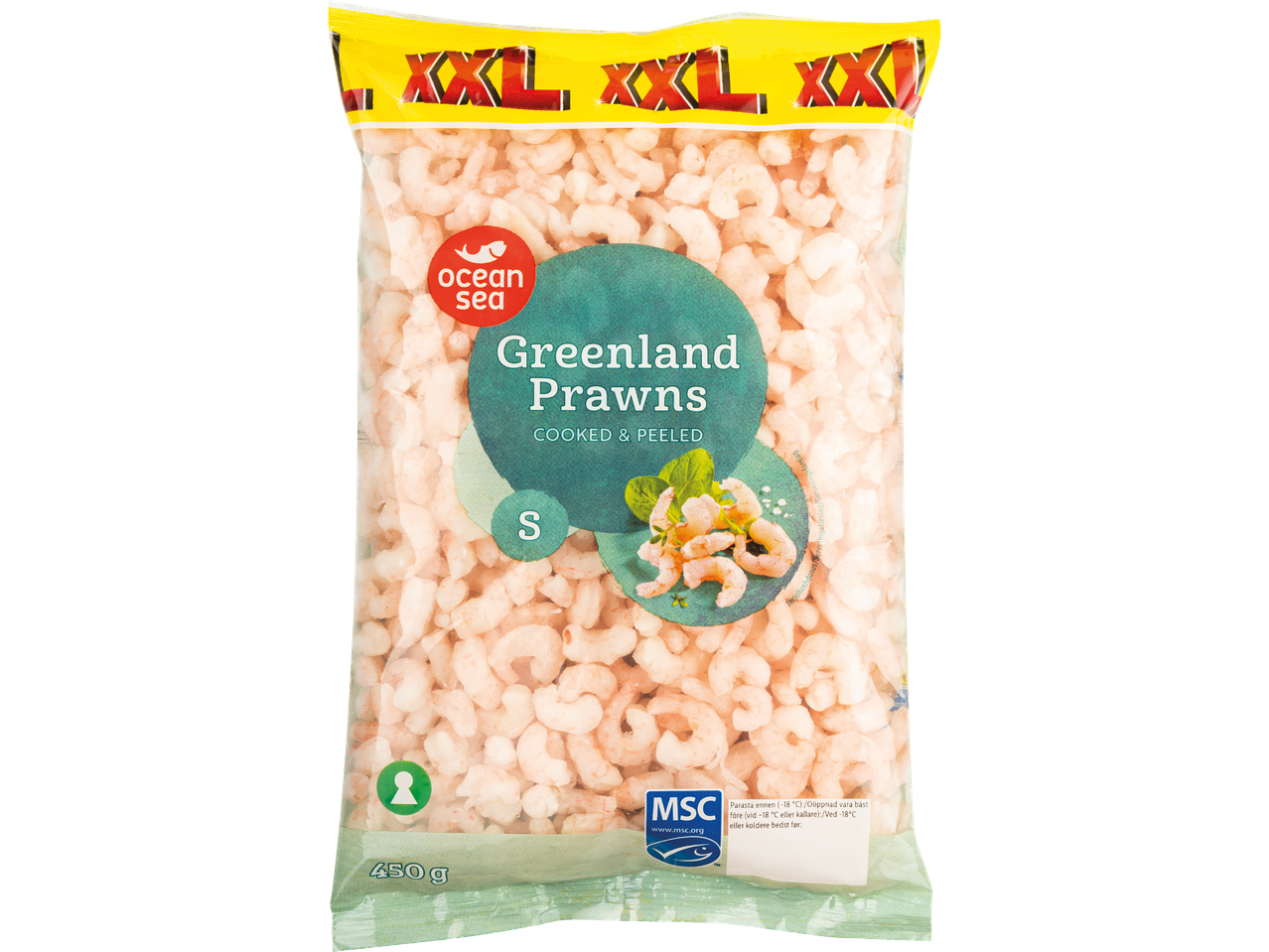 En påse frysta, kokta och skalade grönländska räkor, 450 g.