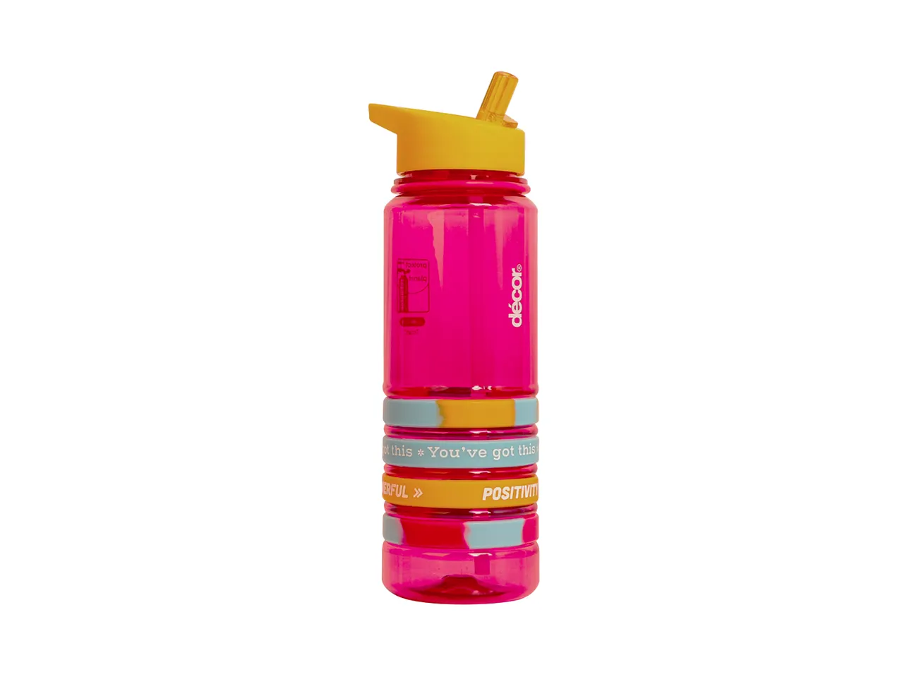 Pink plastic water bottle with straw and yellow top.