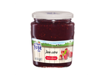 Pot frambozen- en rabarberjam met een landelijk thema op het etiket, 450g.
