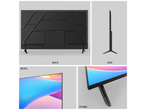 Chiq Google Smart TV: achter-, zij-, rand- en standaardweergaven van de televisie.
