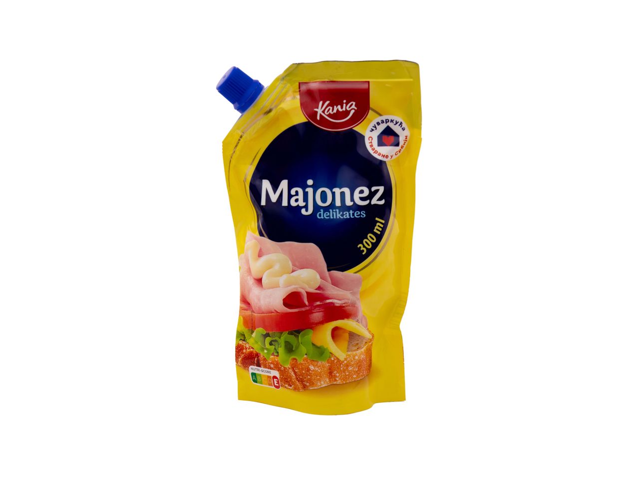 Kania delikates majonez u žutoj kesici od 300 ml sa slikom sendviča.
