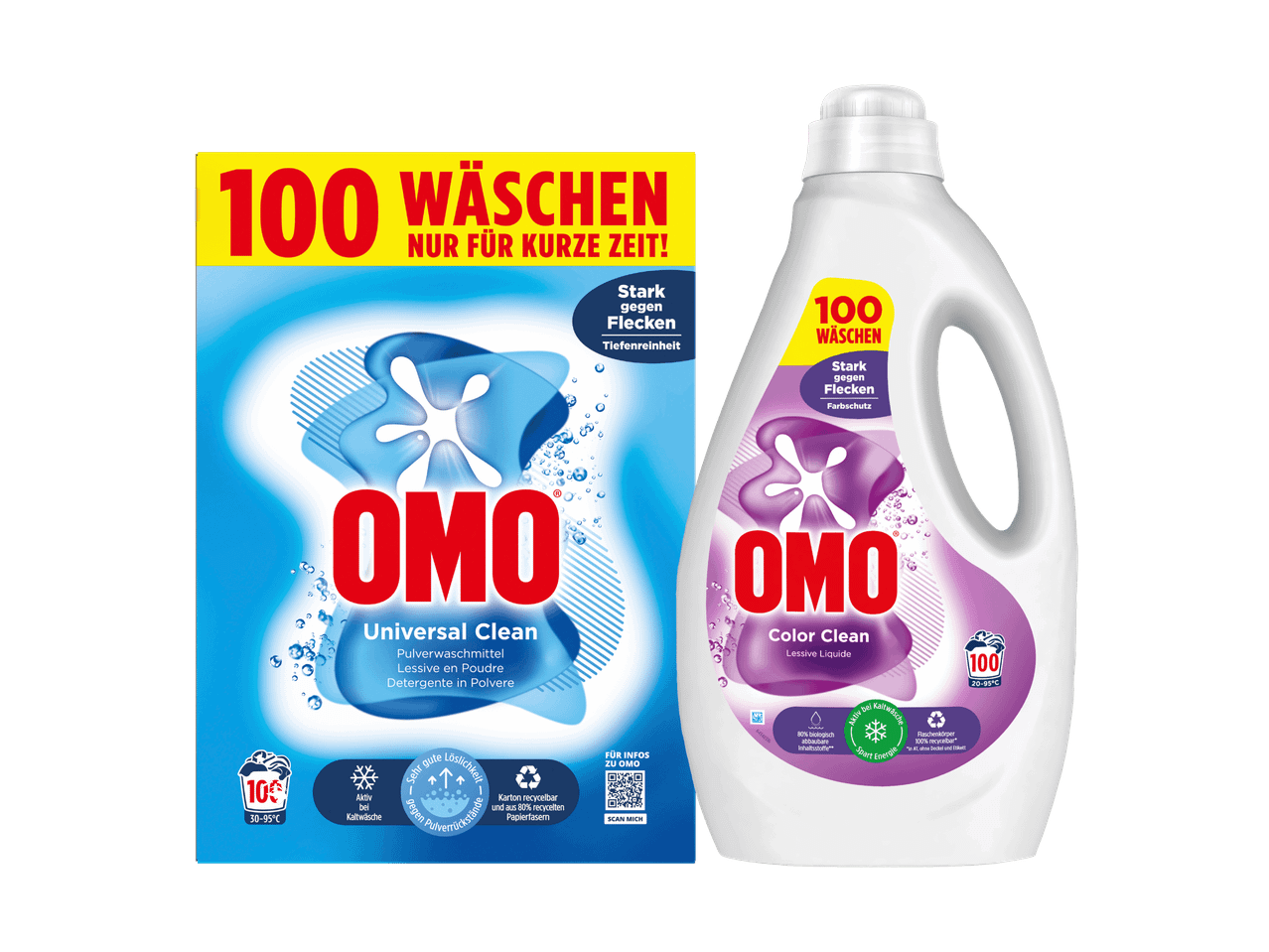 OMO Waschmittel: Universal Clean Pulver und Color Clean Flüssigwaschmittel im Sonderangebot mit 100 Wäschen.