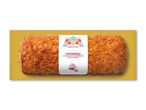 Farsbrød af grise- og kyllingekød med hvidløg på gul baggrund med et farverigt mønster.