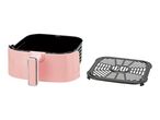 Pink air fryer with a removable black cooking rack on a white background.