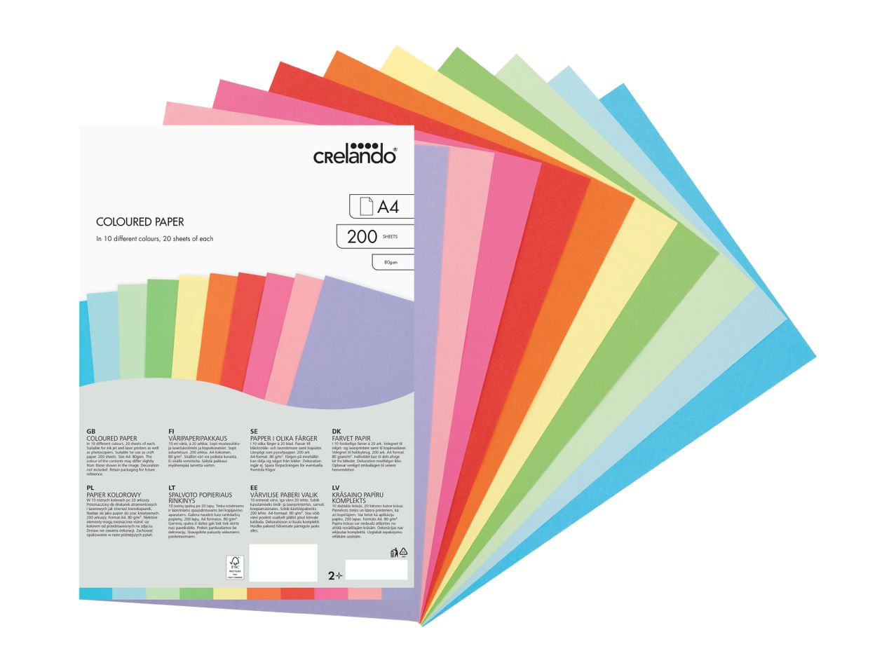 A pack of 200 sheets of A4 coloured paper in 10 different colours, 80gsm.