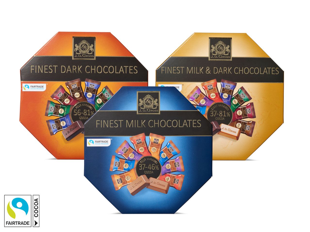 J.D. Gross chocolade: puur en melk, Fairtrade.
