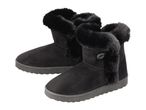 Pair of black faux fur-lined boots with a button detail on a white background.