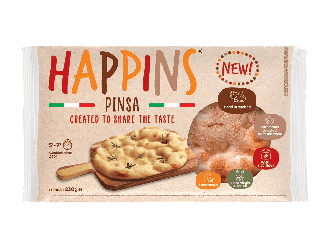 Pinsa-pakkaus, jossa on kuvia pinsasta, valmistusohjeet ja ainesosatiedot.