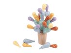 Colorful wooden balancing toy with lettered pegs, resembling a cactus, with some pegs fallen.