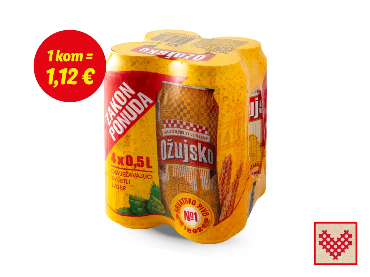 Četiri limenke Ožujsko piva u akcijskoj ponudi.