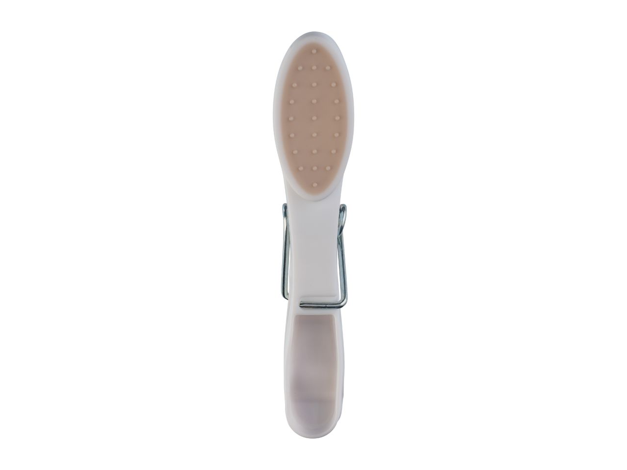 White clothes peg with a beige textured grip, seen from the front.