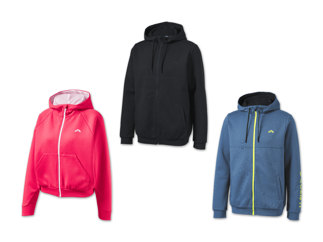 Drei Kapuzenpullover in Rot, Schwarz und Blau mit Reißverschluss und Logo.