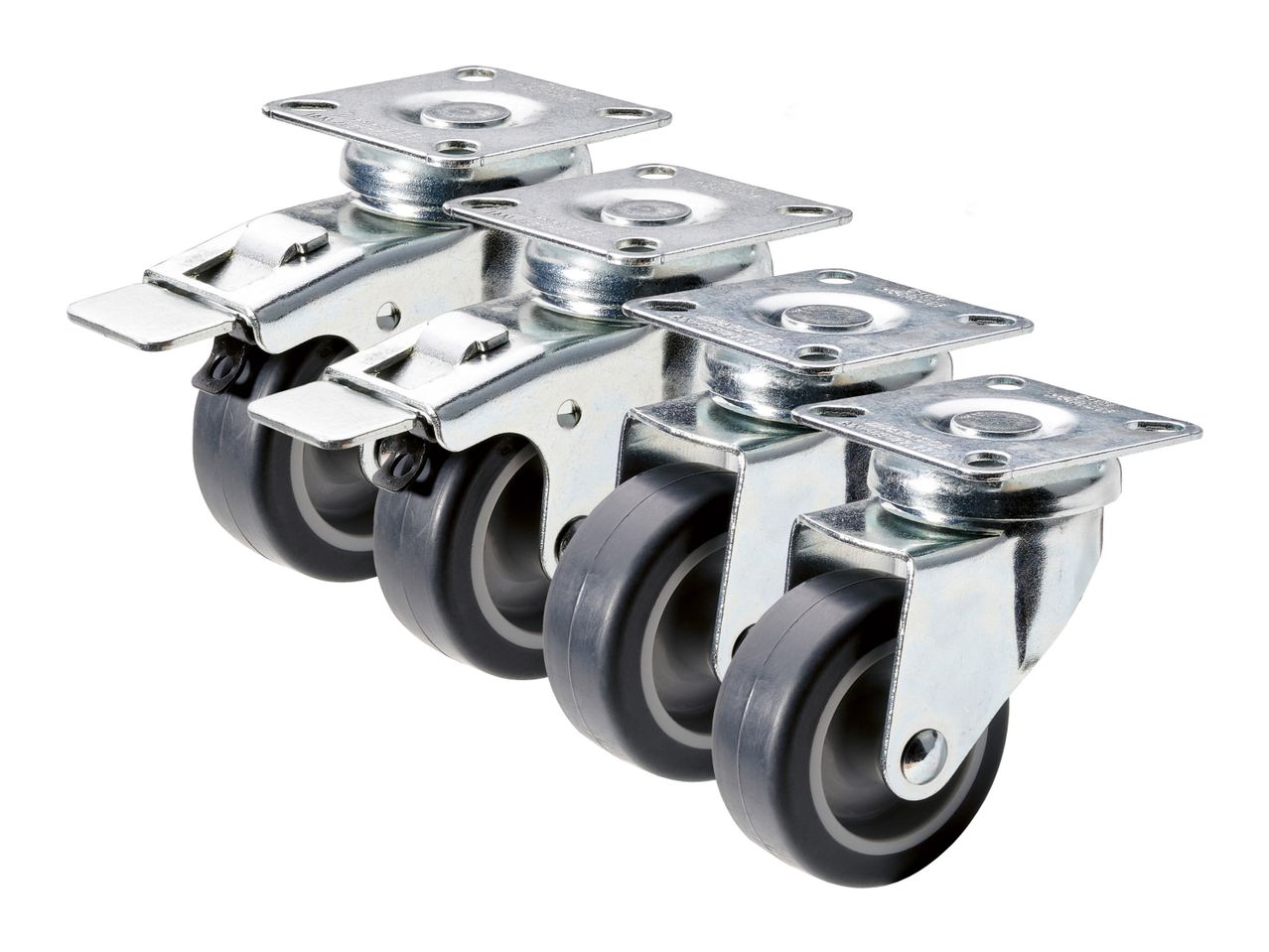 Three heavy-duty swivel casters with gray polyurethane wheels and locking mechanisms.