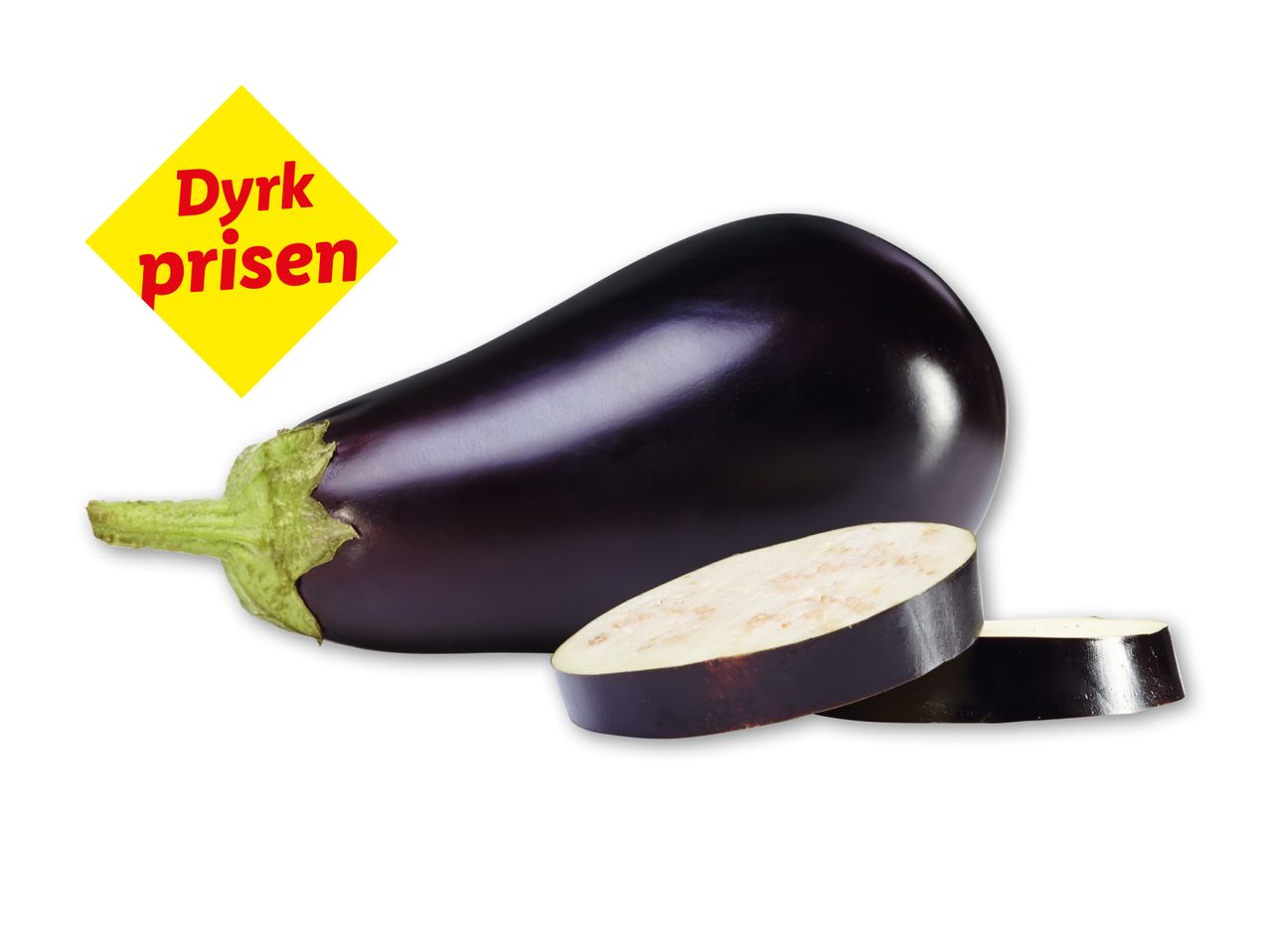 Aubergine med skiver og et gult skilt med teksten 'Dyrk prisen'.