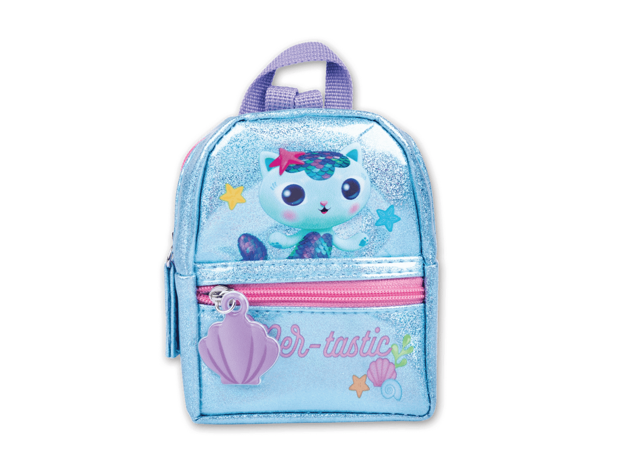 Ein kleiner, glitzernder Rucksack in Hellblau mit Meerjungfrau-Motiv.