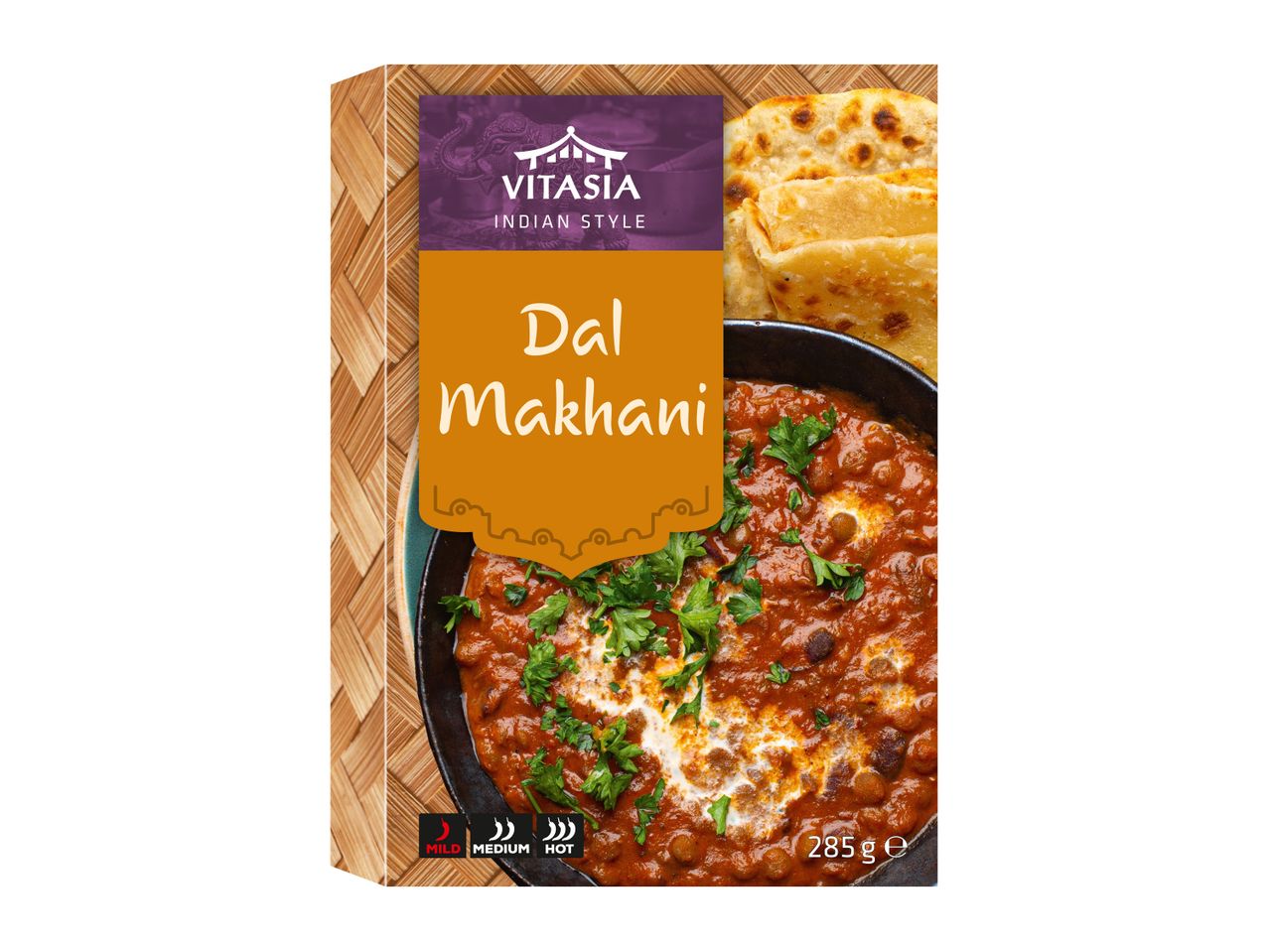 Vitasia Indian Style Dal Makhani, a medium-hot lentil curry, shown with naan bread.