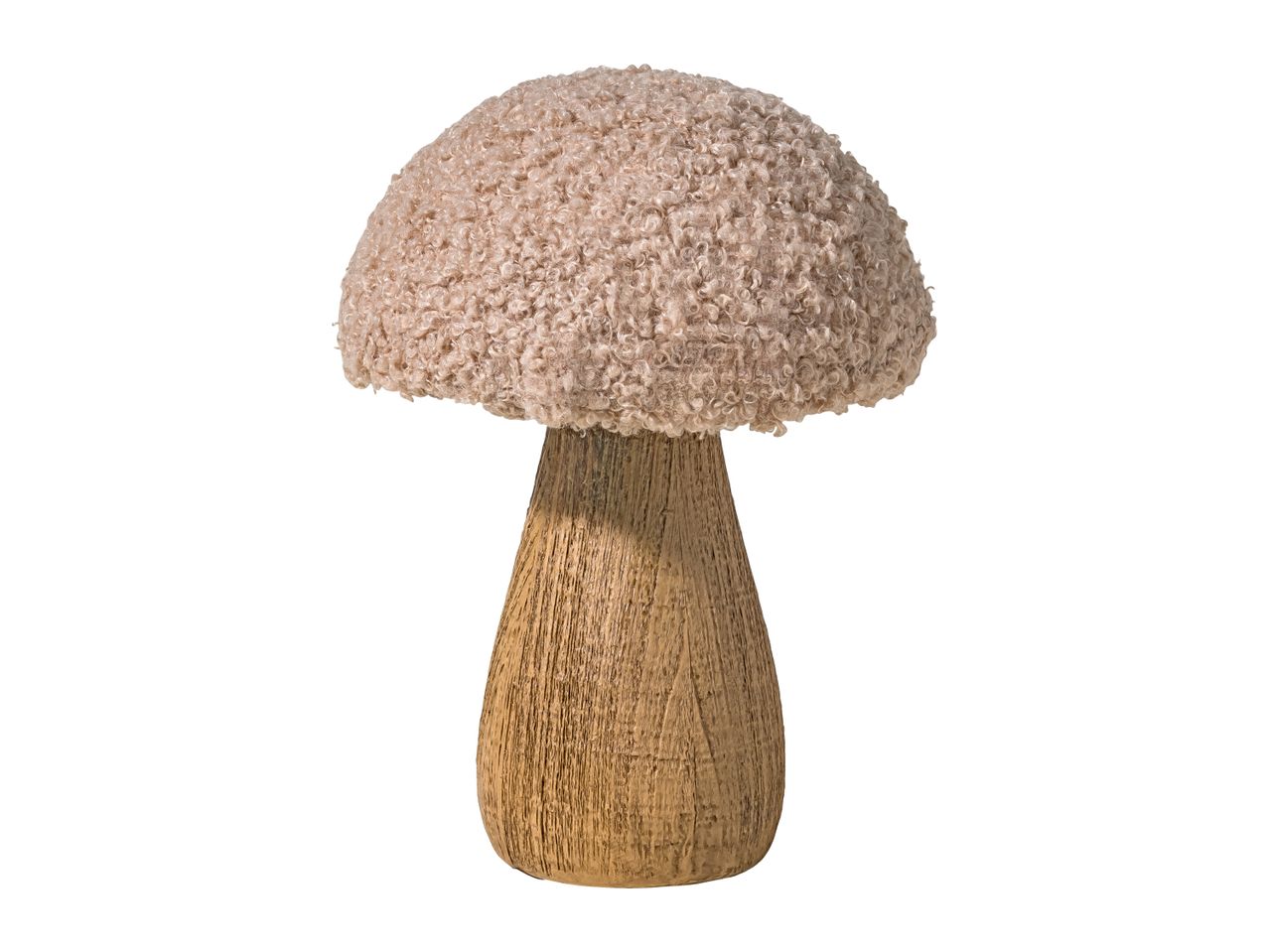 A decorative mushroom with a fluffy, light brown cap and a textured, dark brown stem.