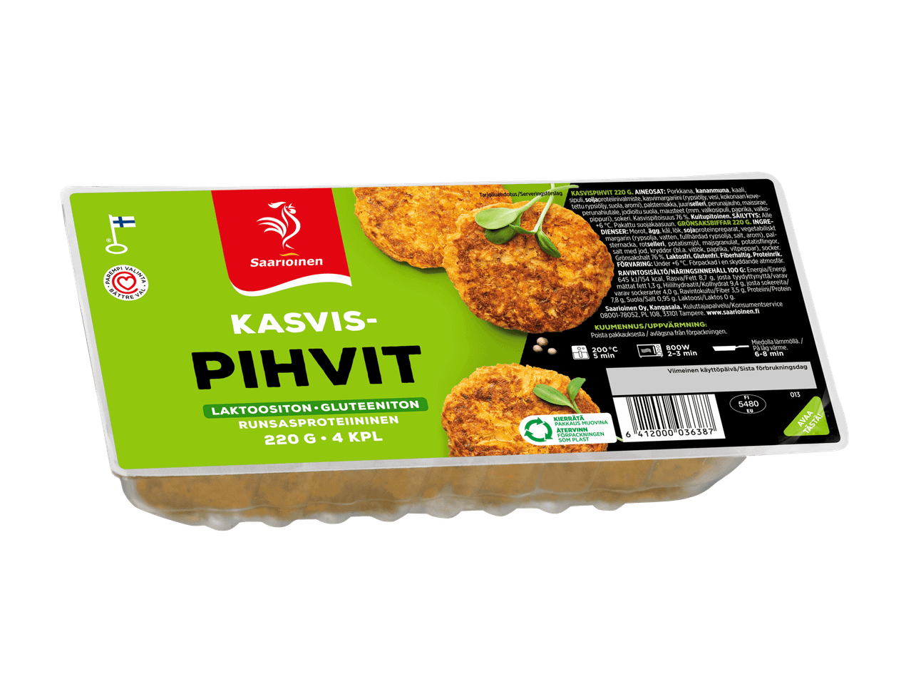 Pakkaus gluteenittomia ja laktoosittomia kasvispihvejä.