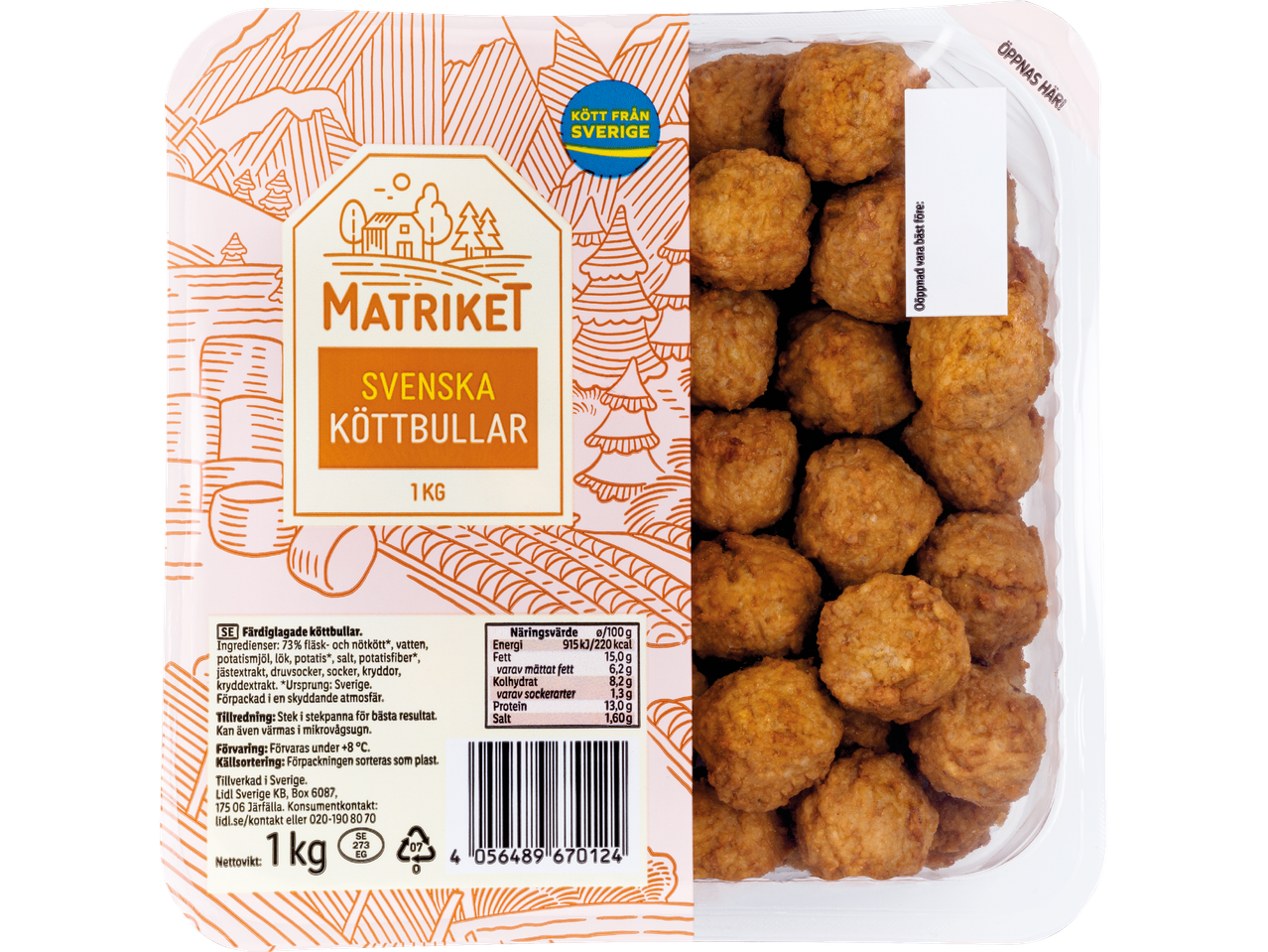 Matriket Swedish Köttbullar i en transparent förpackning med en etikett som visar näringsinformation och ingredienser.
