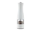 Electric salt or pepper mill with a white body and transparent spice chamber