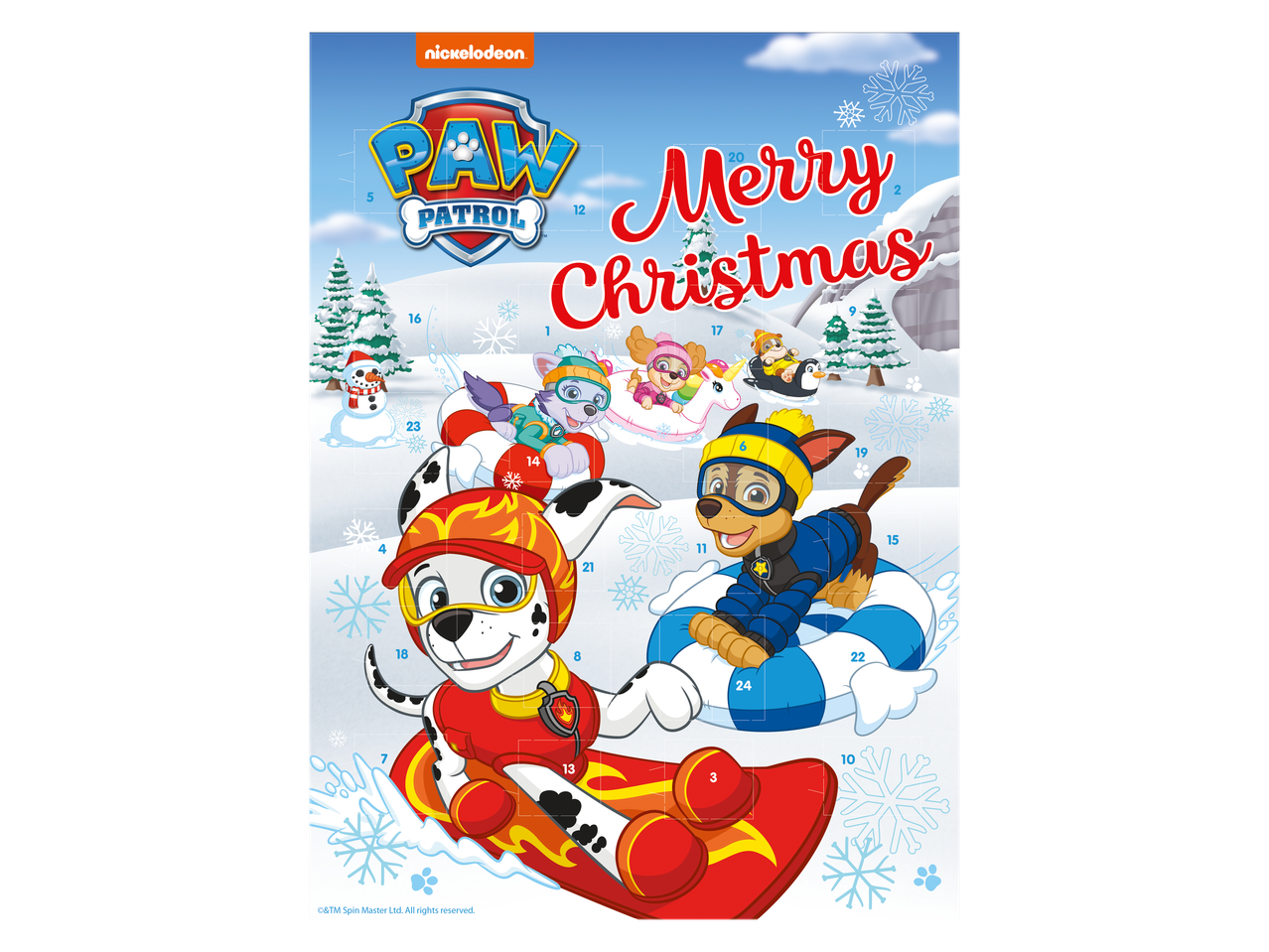 Paw Patrol adventes kalendārs ar Māršalu, Čeisu, Everesu un Skaju ziemas ainavā.