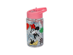 Clear water bottle with a pink lid and a Minnie Mouse design.