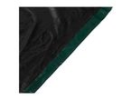 Close-up of a black weed control fabric with a green border.