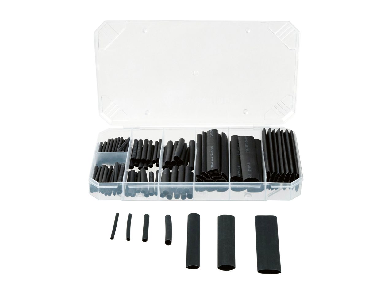 Assortment of black heat shrink tubing in various sizes, neatly organized in a plastic storage case.
