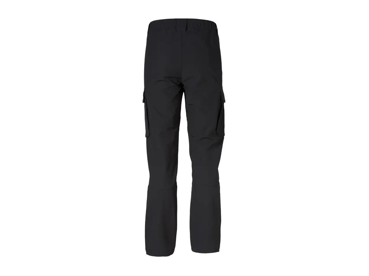 Black cargo pants with an elastic waistband and side pockets, viewed from the back.