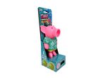 Pink pig-shaped popper toy in a box, wearing a green Hawaiian shirt, with four soft foam balls.