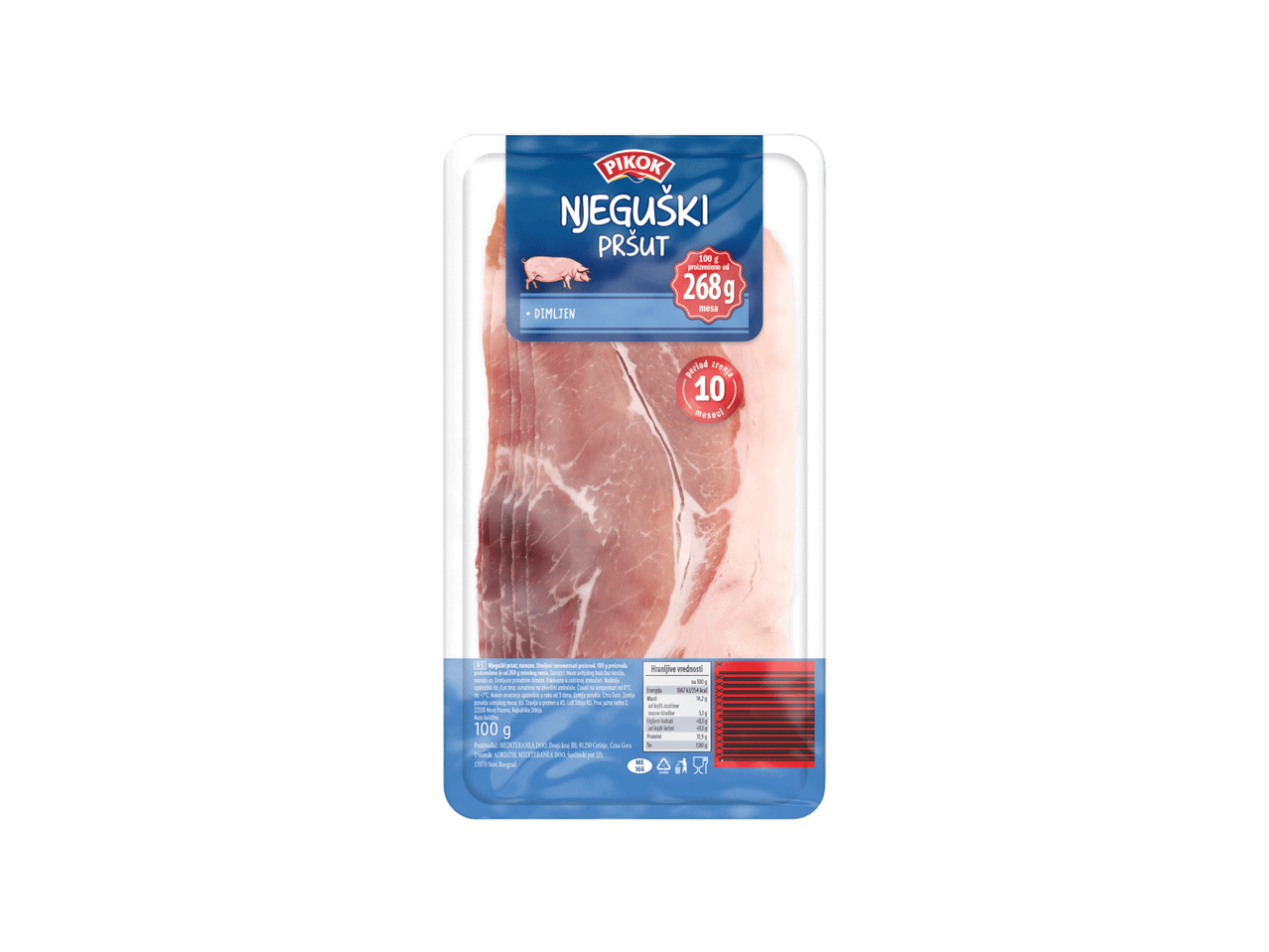 Pakovanje dimljene pršute, 100g proizvoda proizvedeno od 268g mesa, period zrenja 10 meseci.