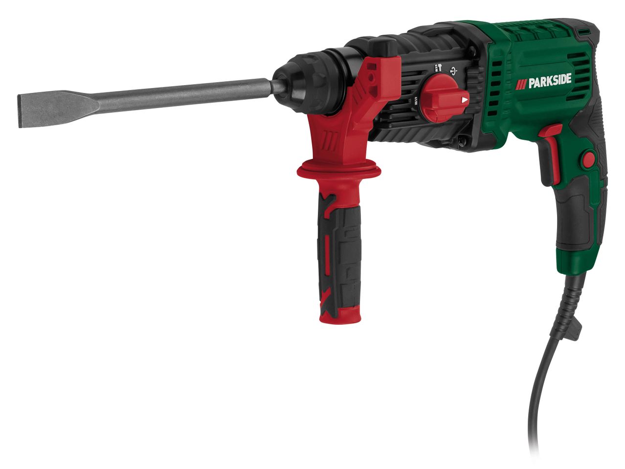 Parkside hammer drill with a chisel bit and an auxiliary handle.