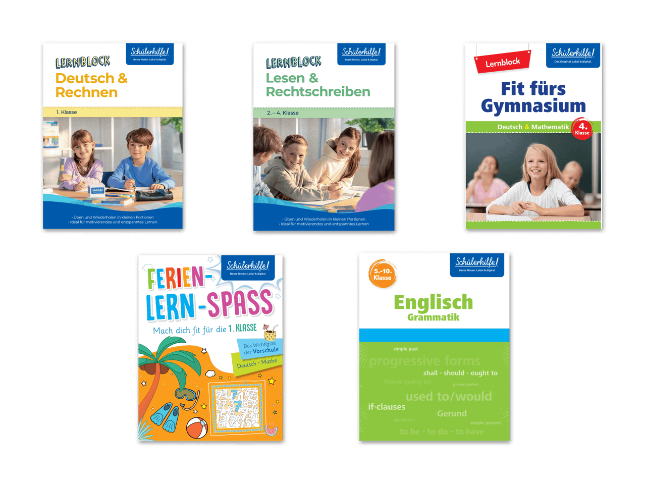 Schülerhilfe! Lernbücher für German, Mathematik, Lesen, Rechtschreiben und Englisch Grammatik, für verschiedene Klassenstufen.