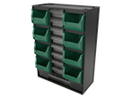 A black storage rack with green bins and clear drawers for organizing small parts.