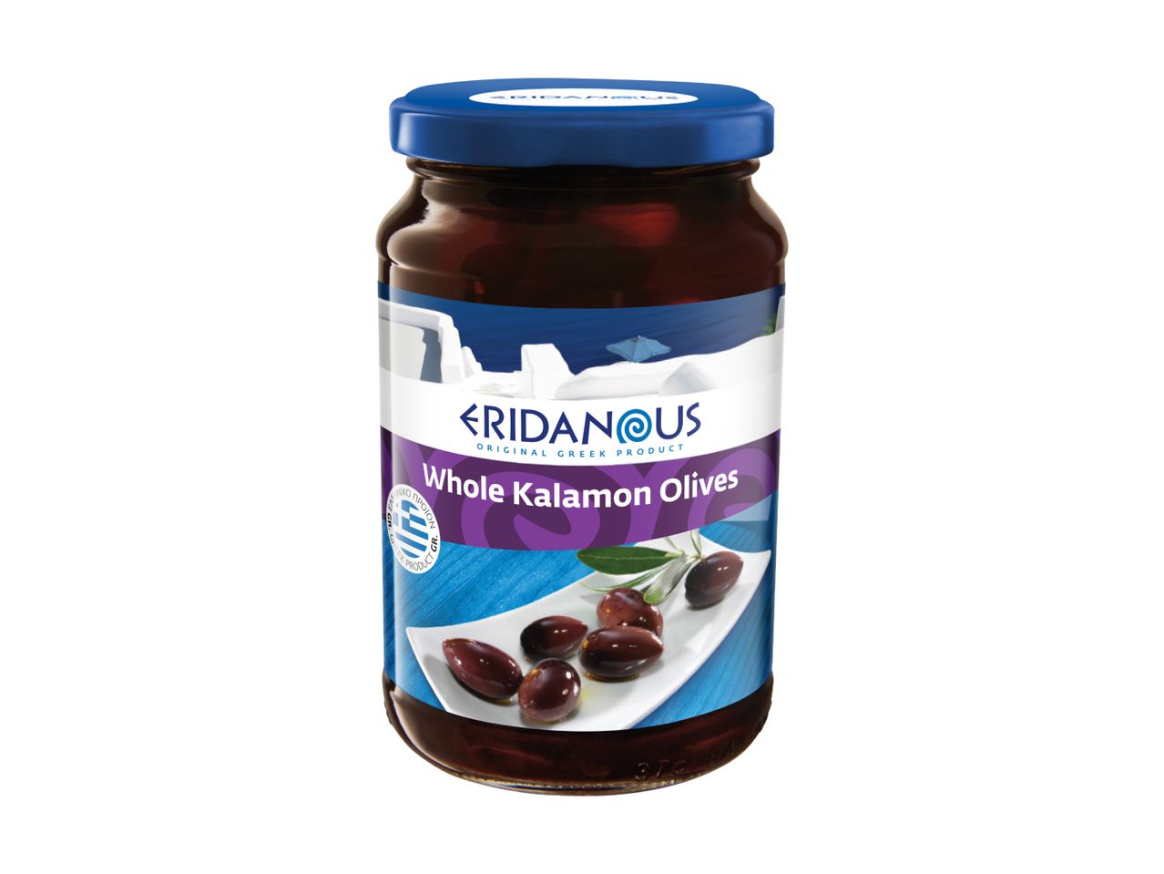 Eridanous Whole Kalamon Olives in a glass jar with a blue lid.