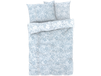 Light blue bedding set with floral pattern.