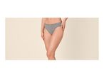 Woman wearing grey ribbed briefs with lace trim