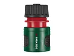 A green, red, and black hose connector with a textured grip.