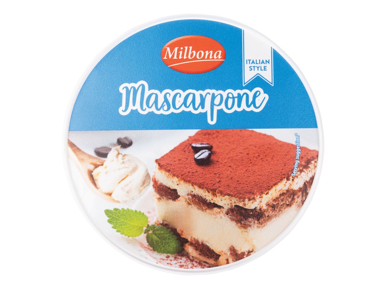 Un recipient rotund de mascarpone Milbona, stil italian, cu o imagine de tiramisu.
