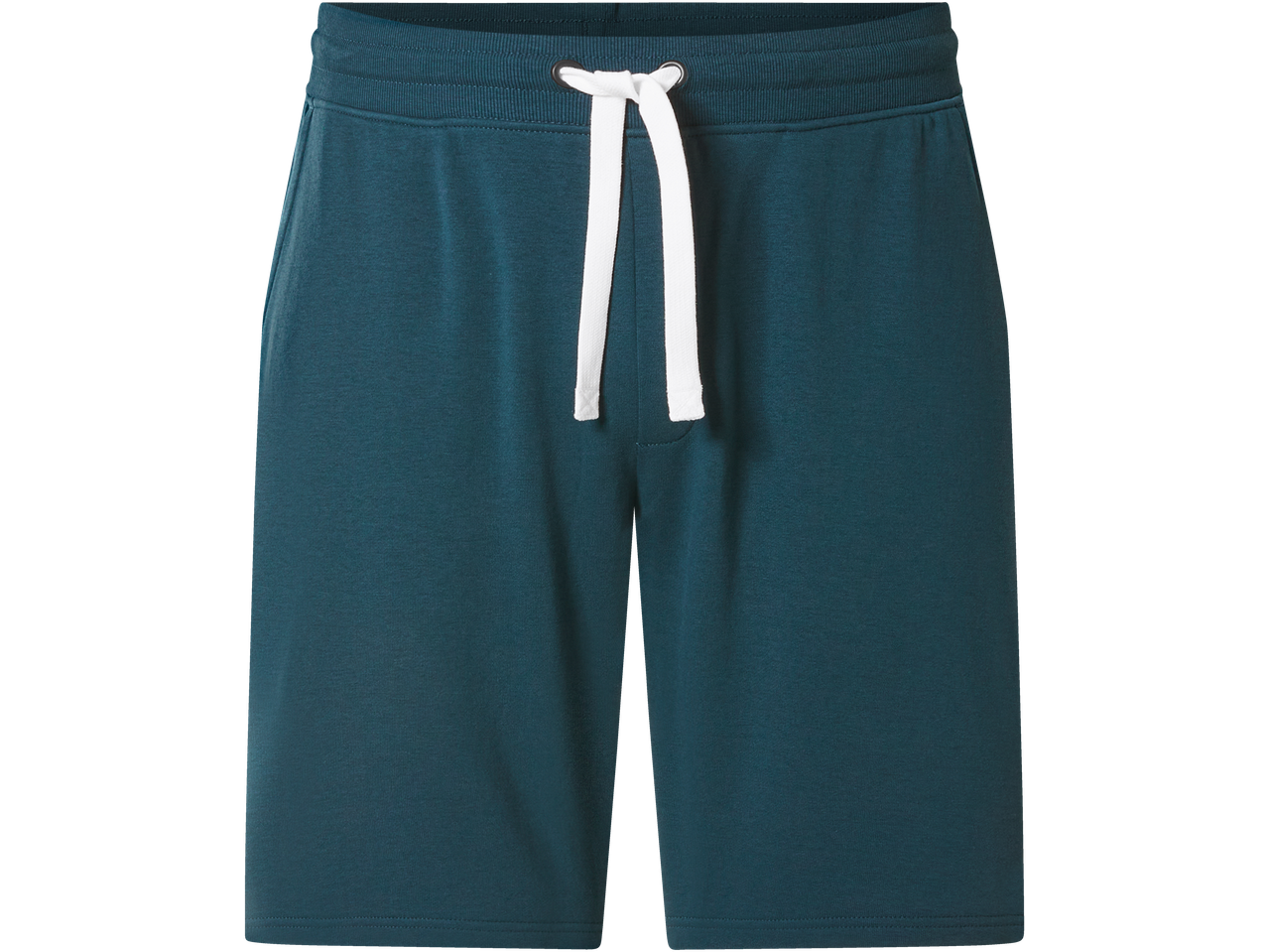Dark teal men's sweat shorts with a ribbed waistband and white drawstring.