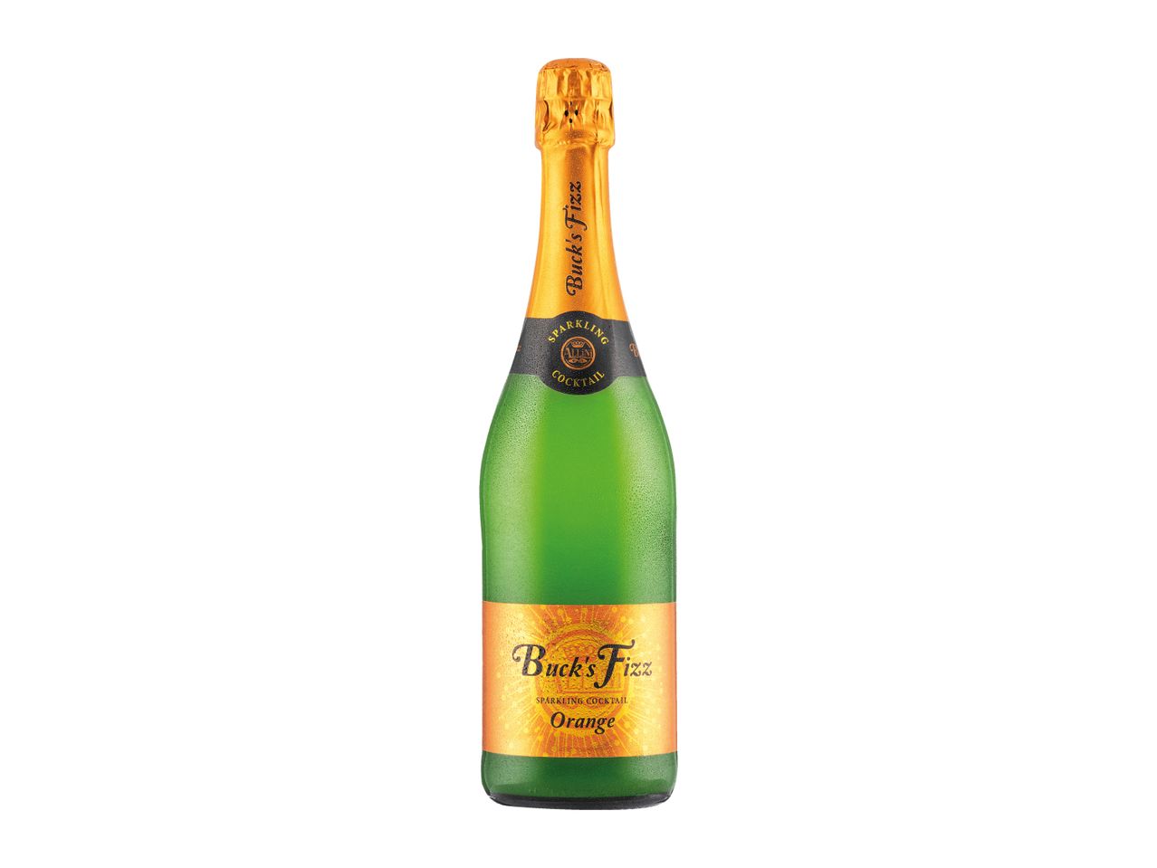 A green bottle of Buck's Fizz sparkling orange cocktail with a gold foil top.